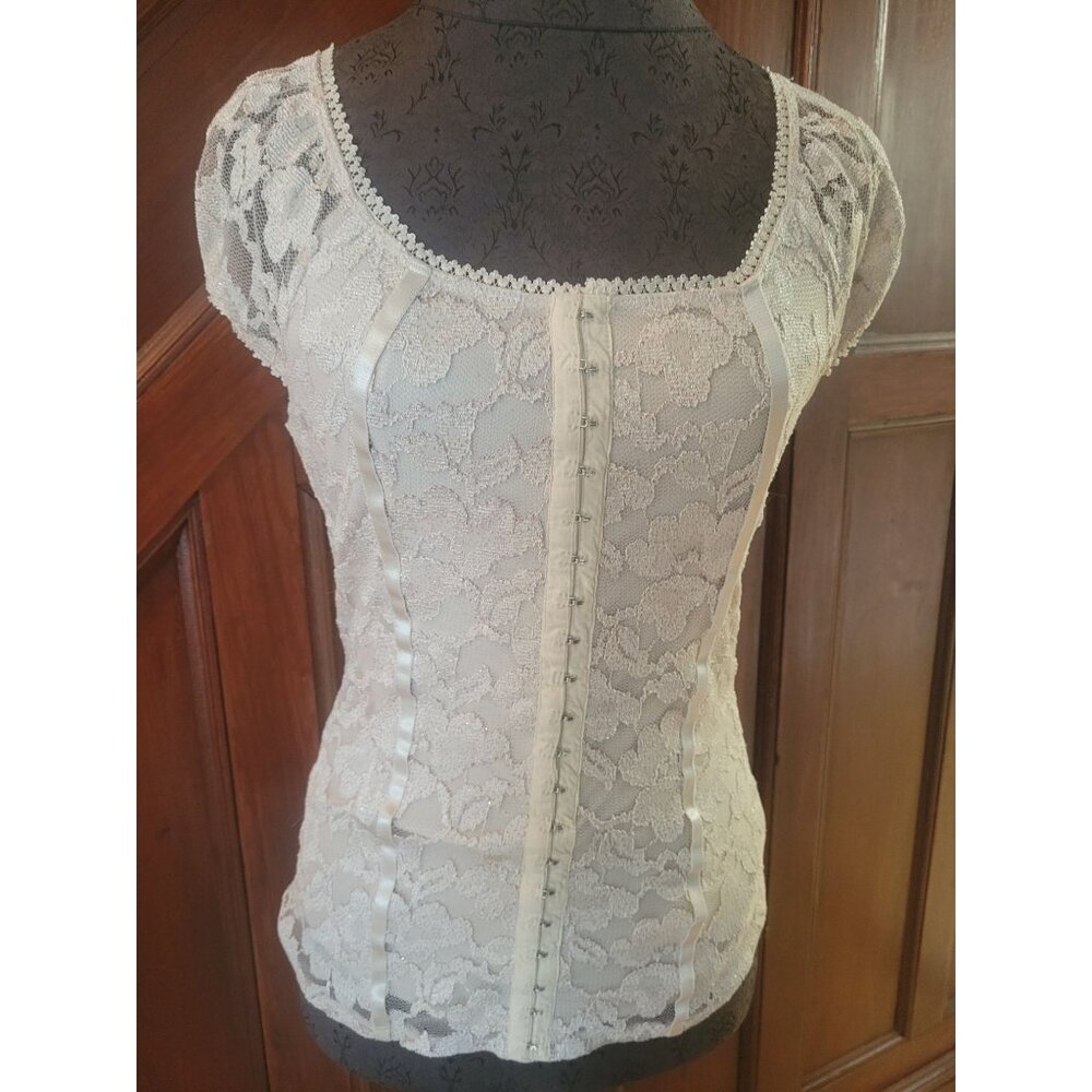 Gold Beige Lace Cap Sleeve Top With Satin Ribbon Detail & Button Accents Womens
